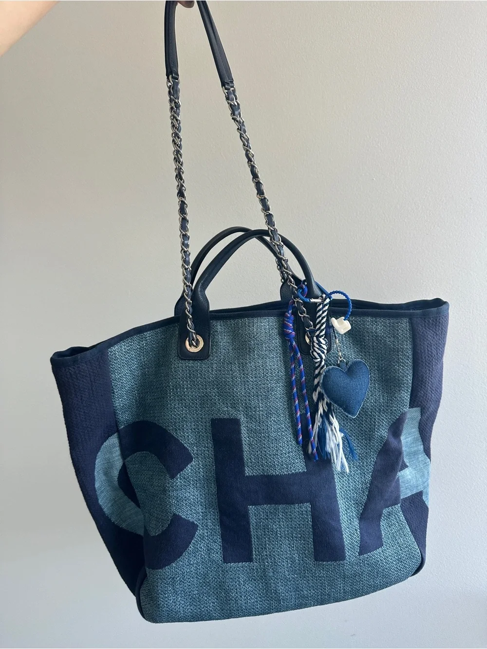 CHANEL Large Denim Tote Bag with silver hardware
